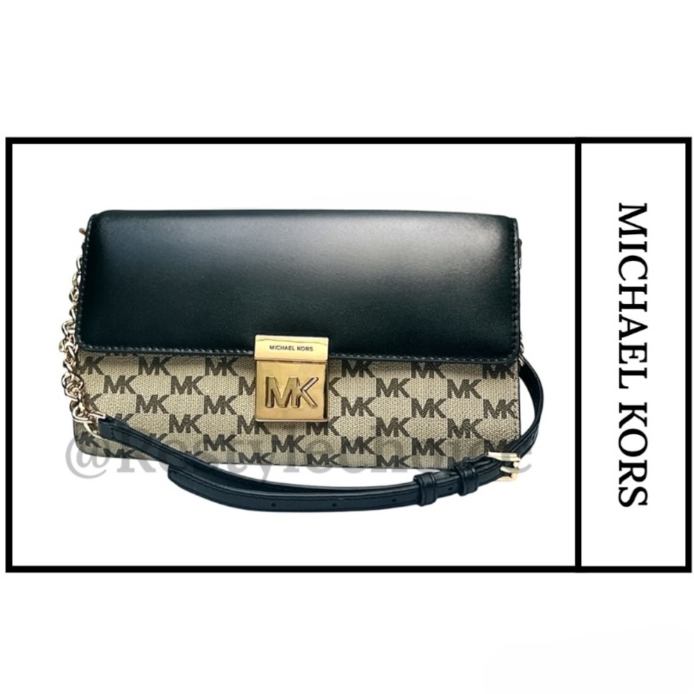 MICHEAL KORS LOGO PATTERN BEIGE & BLACK CROSSBODY FLAP PURSE LIKE NEW
